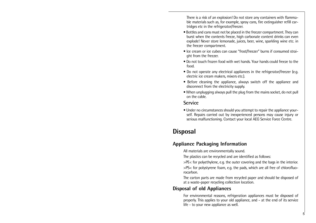 Electrolux 3250-6KG manual Service, Appliance Packaging Information, Disposal of old Appliances 