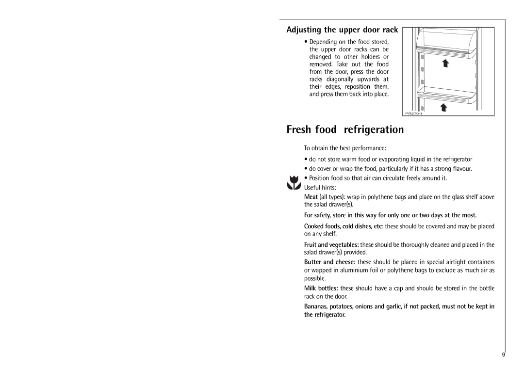 Electrolux 3250-6KG manual Fresh food refrigeration, Adjusting the upper door rack 