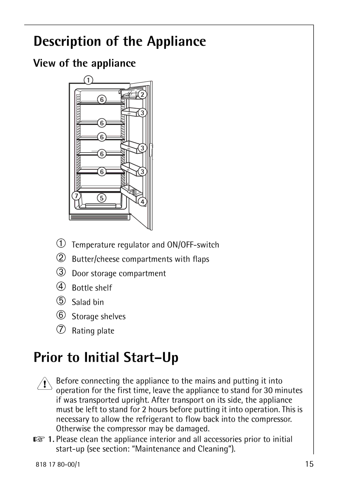 Electrolux 3350-6 KA operating instructions Description of the Appliance, Prior to Initial Start-Up, View of the appliance 