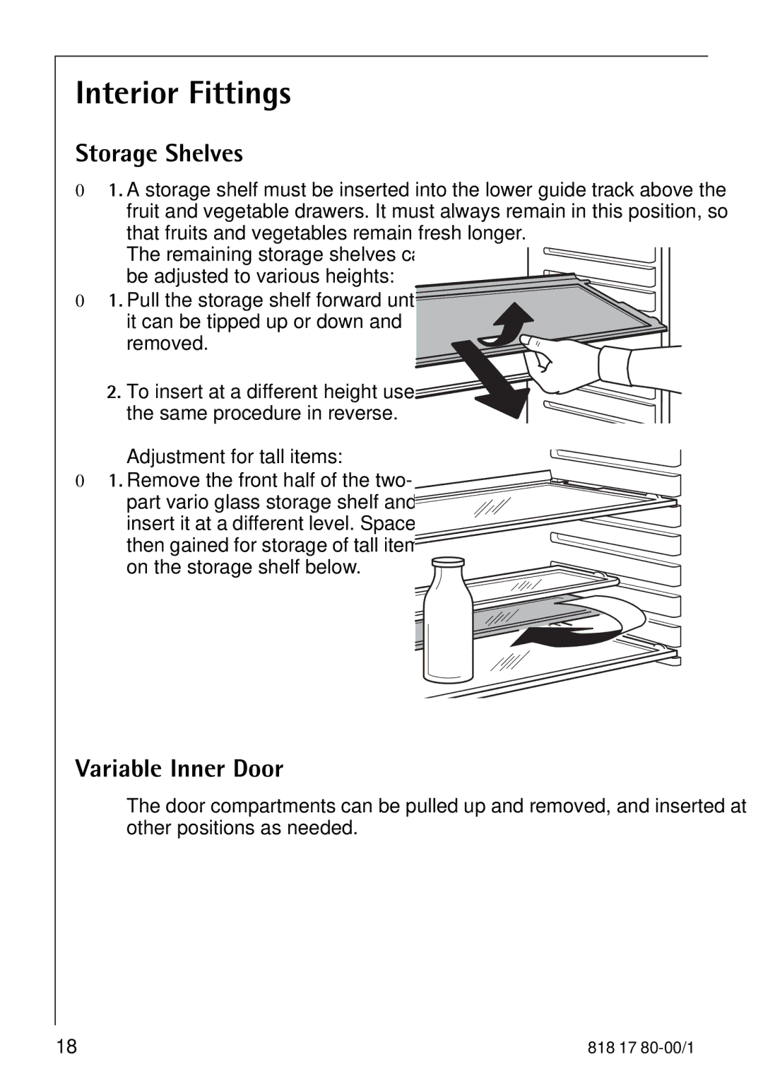 Electrolux 3350-6 KA operating instructions Interior Fittings, Storage Shelves, Variable Inner Door 