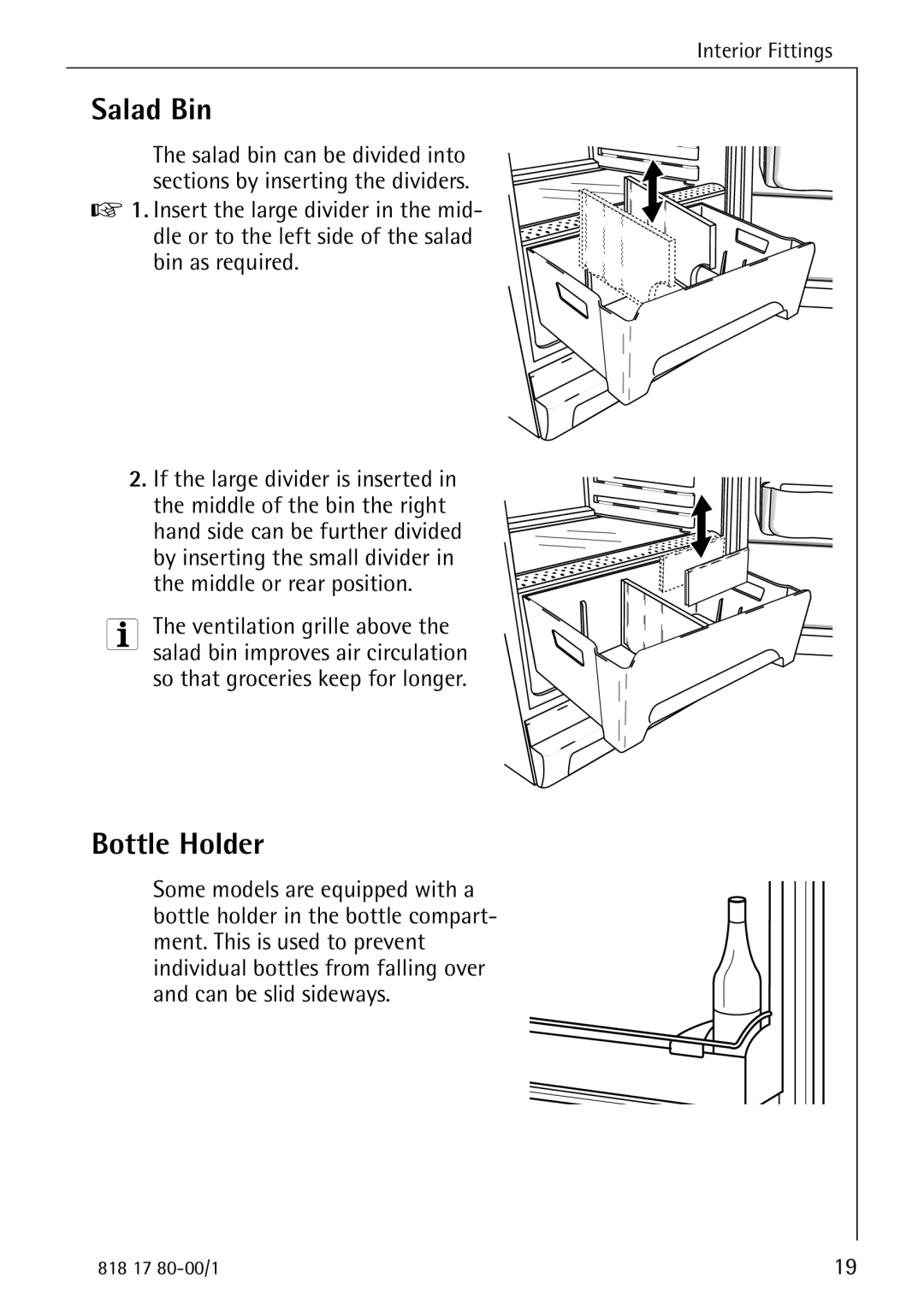 Electrolux 3350-6 KA operating instructions Salad Bin, Bottle Holder 