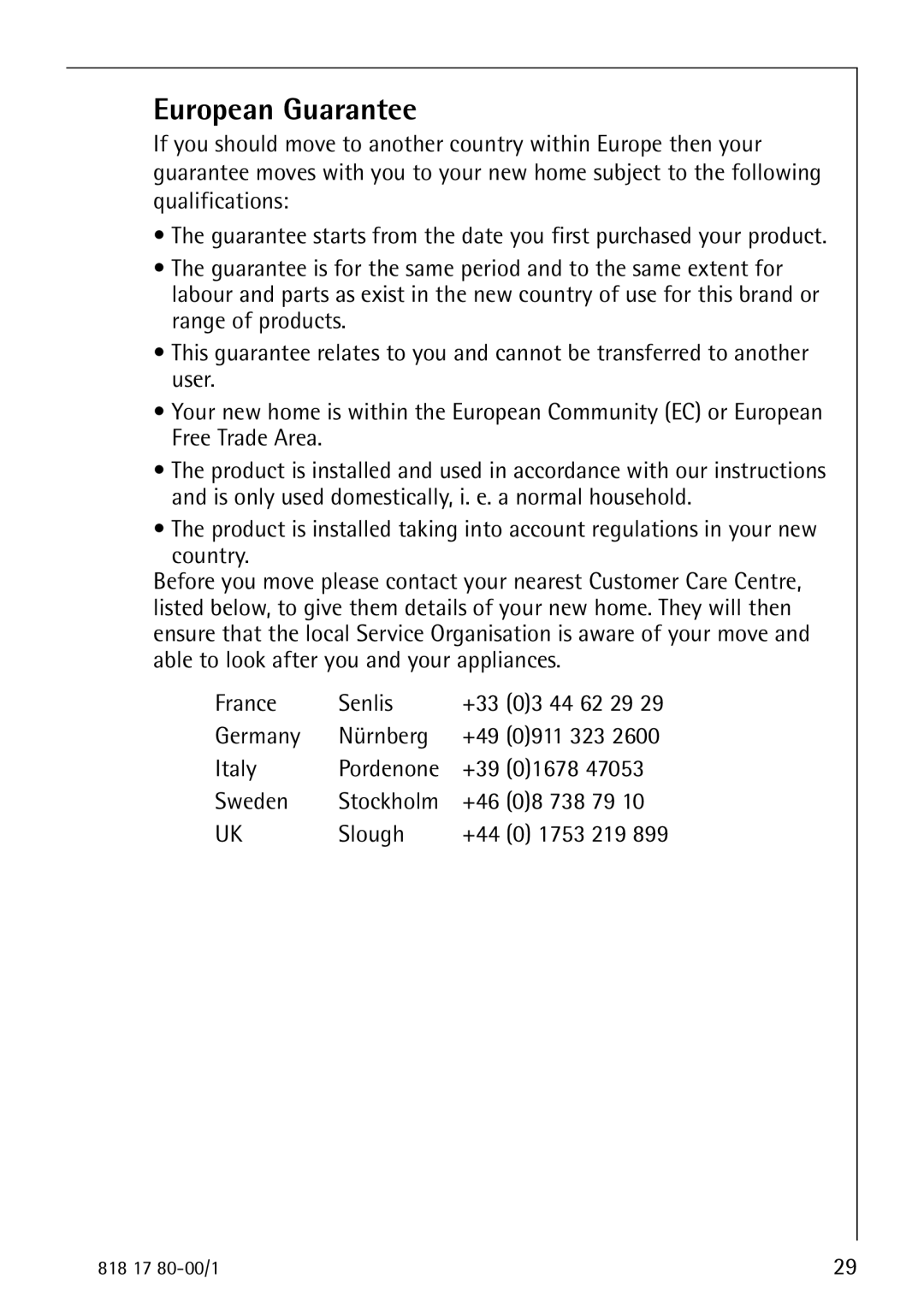 Electrolux 3350-6 KA operating instructions European Guarantee 