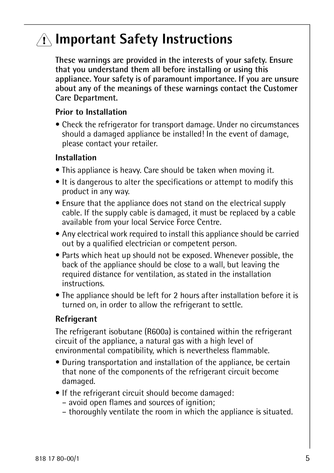 Electrolux 3350-6 KA operating instructions Important Safety Instructions, Prior to Installation, Refrigerant 