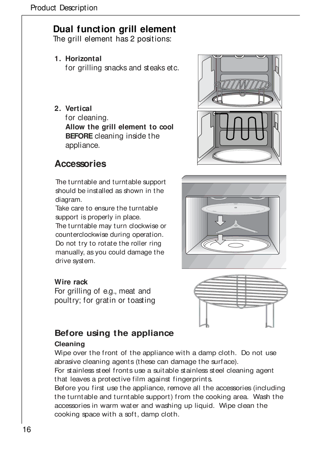 Electrolux 343 E, 343 U manual Dual function grill element, Accessories, Horizontal, Vertical, Wire rack 