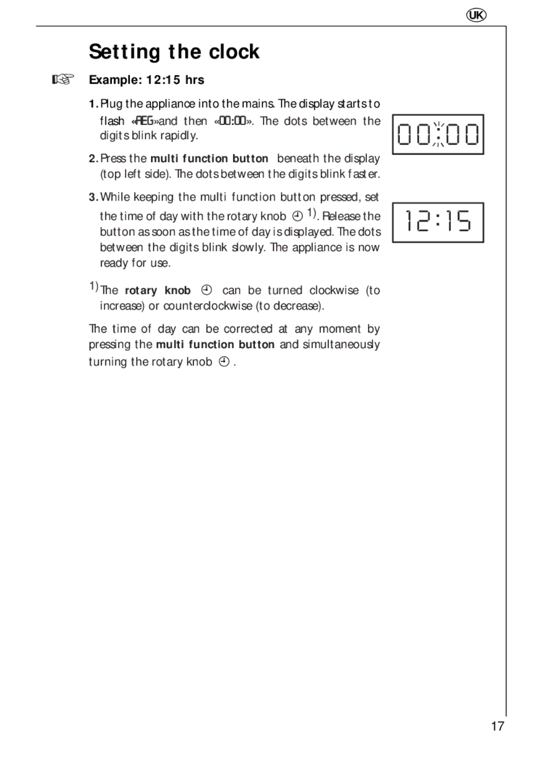 Electrolux 343 U, 343 E manual Setting the clock, Example 1215 hrs 