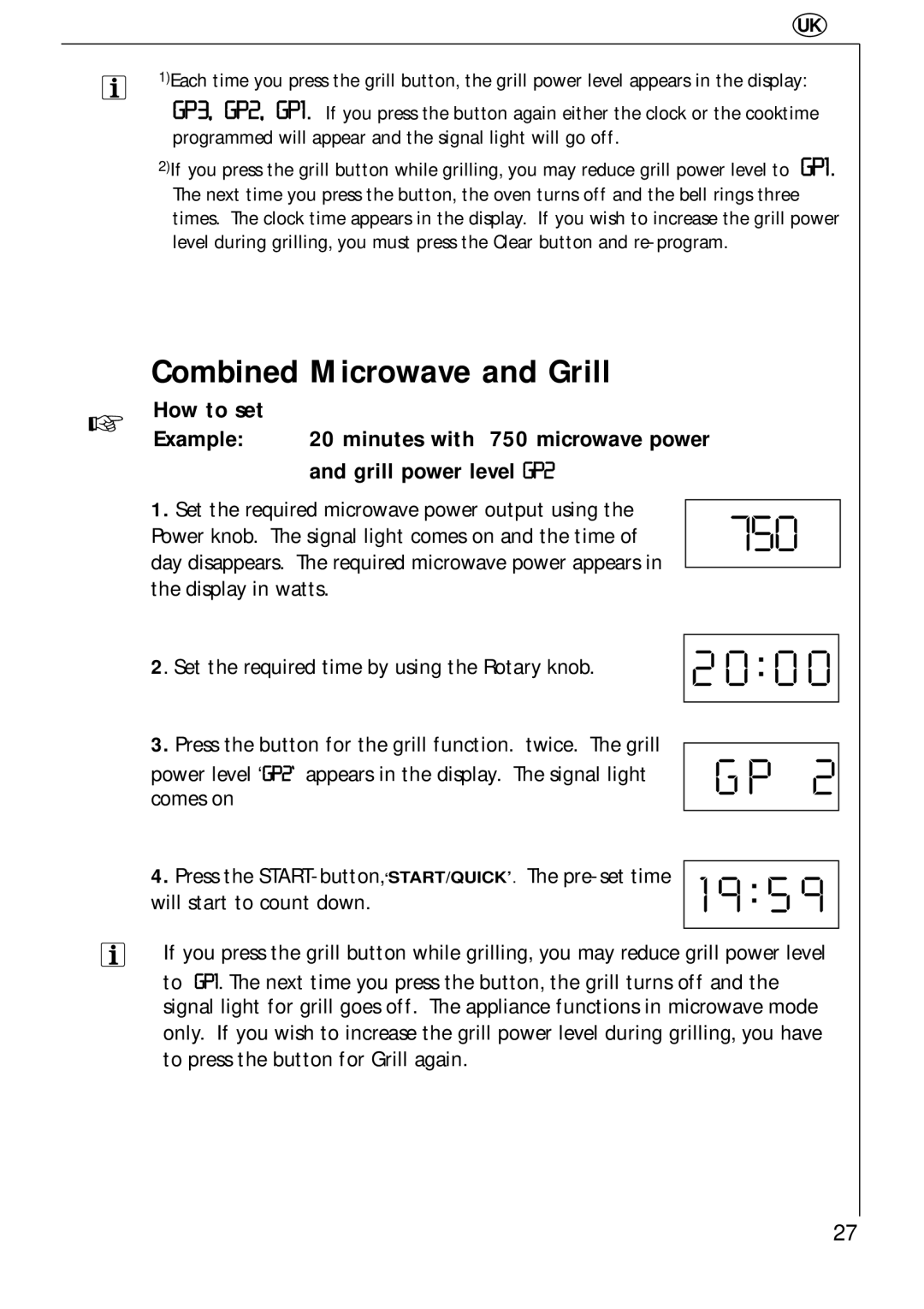 Electrolux 343 U, 343 E manual How to set Example, Grill power level GP2, Minutes with 750 microwave power 