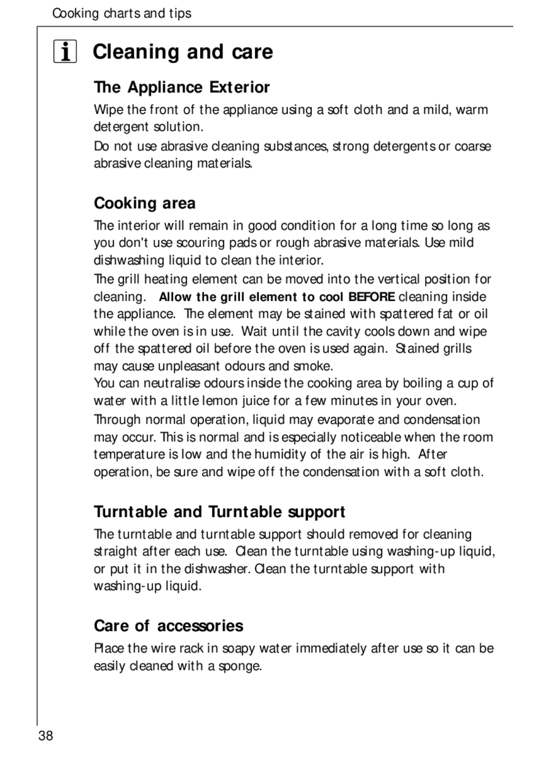 Electrolux 343 E Cleaning and care, Appliance Exterior, Cooking area, Turntable and Turntable support, Care of accessories 