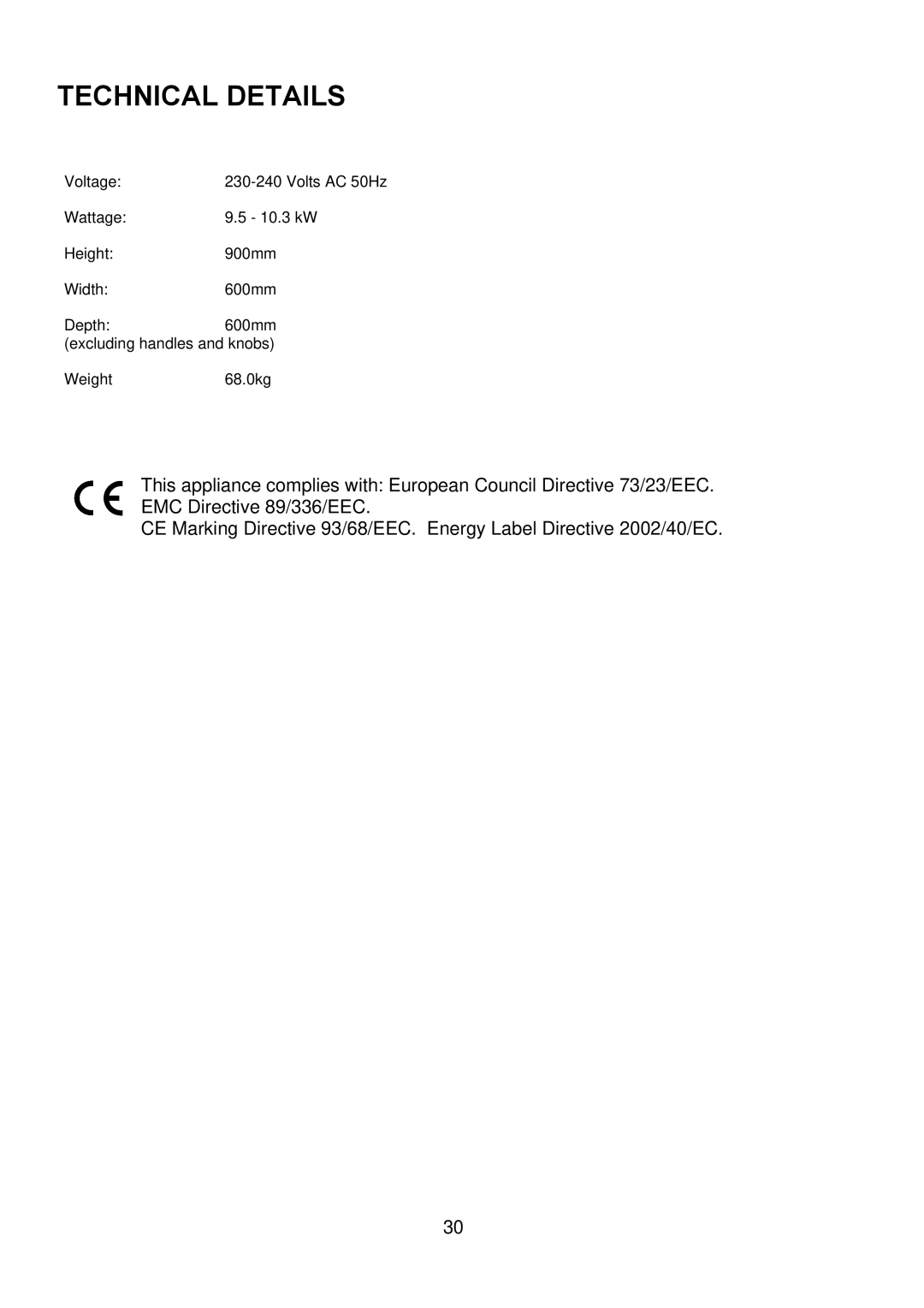 Electrolux 349095801 manual Technical Details 