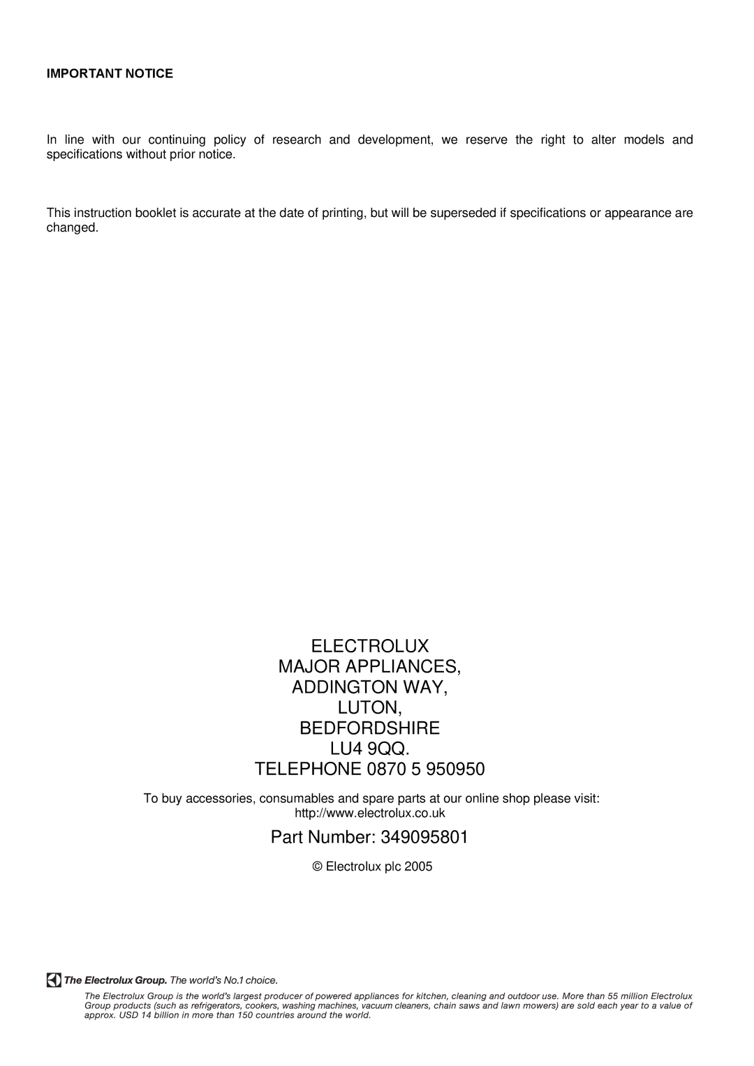 Electrolux 349095801 manual Important Notice 