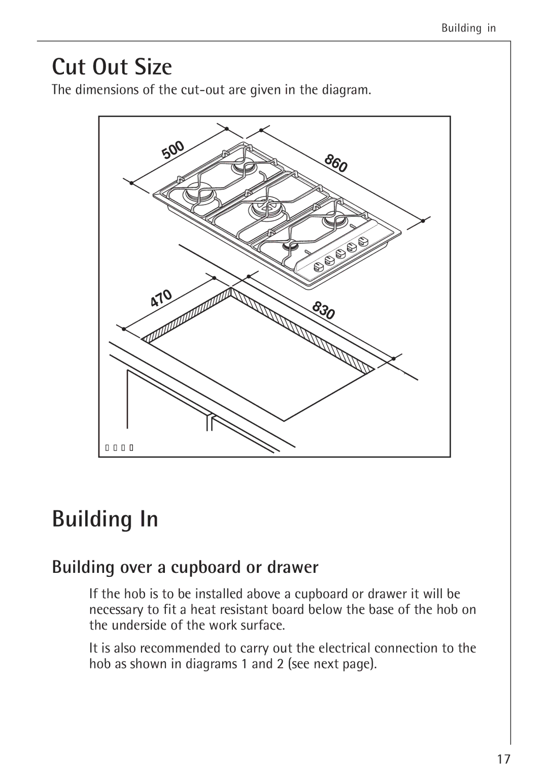 Electrolux 34942G operating instructions Cut Out Size, Building over a cupboard or drawer 