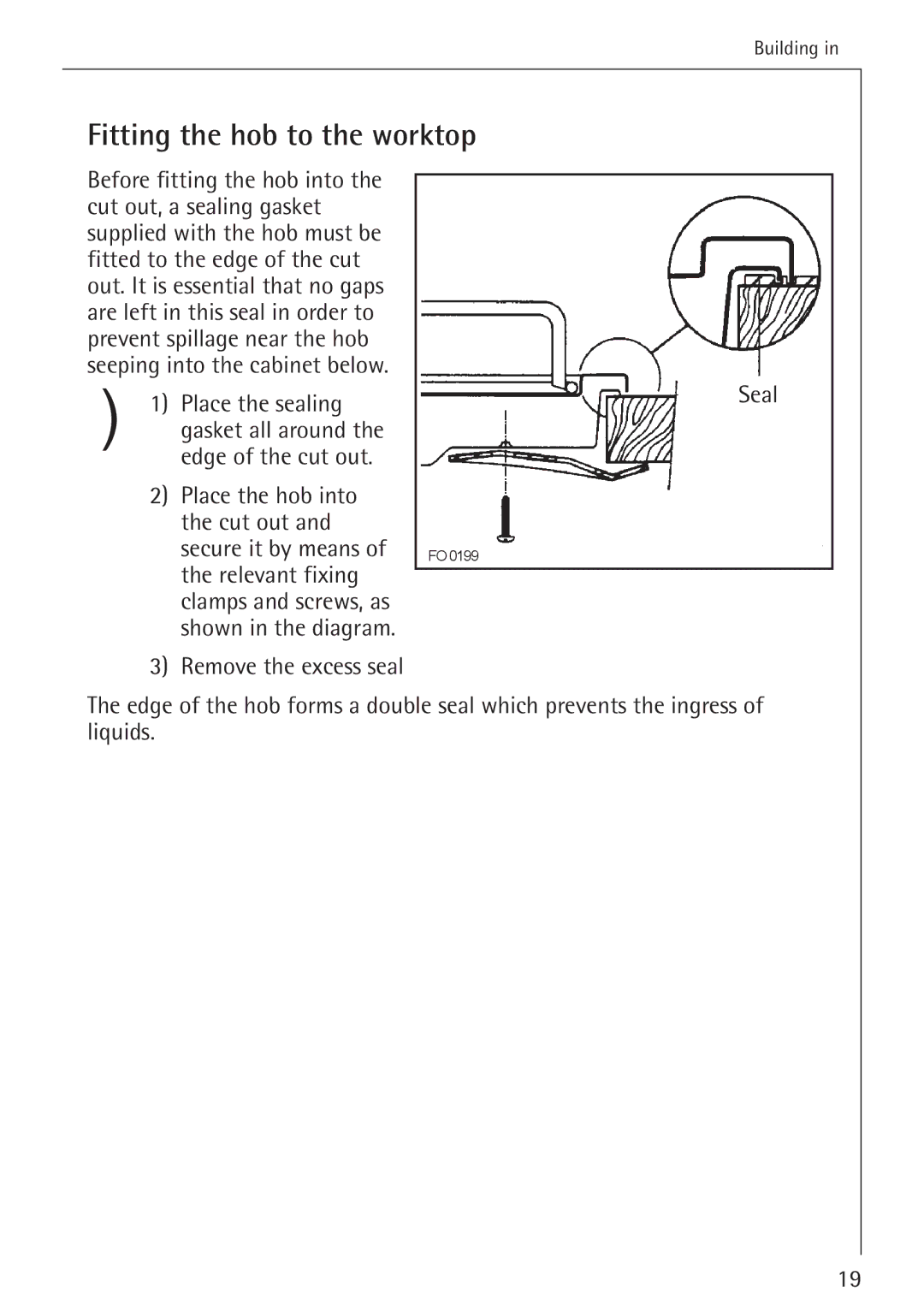 Electrolux 34942G operating instructions Seal, Fitting the hob to the worktop 