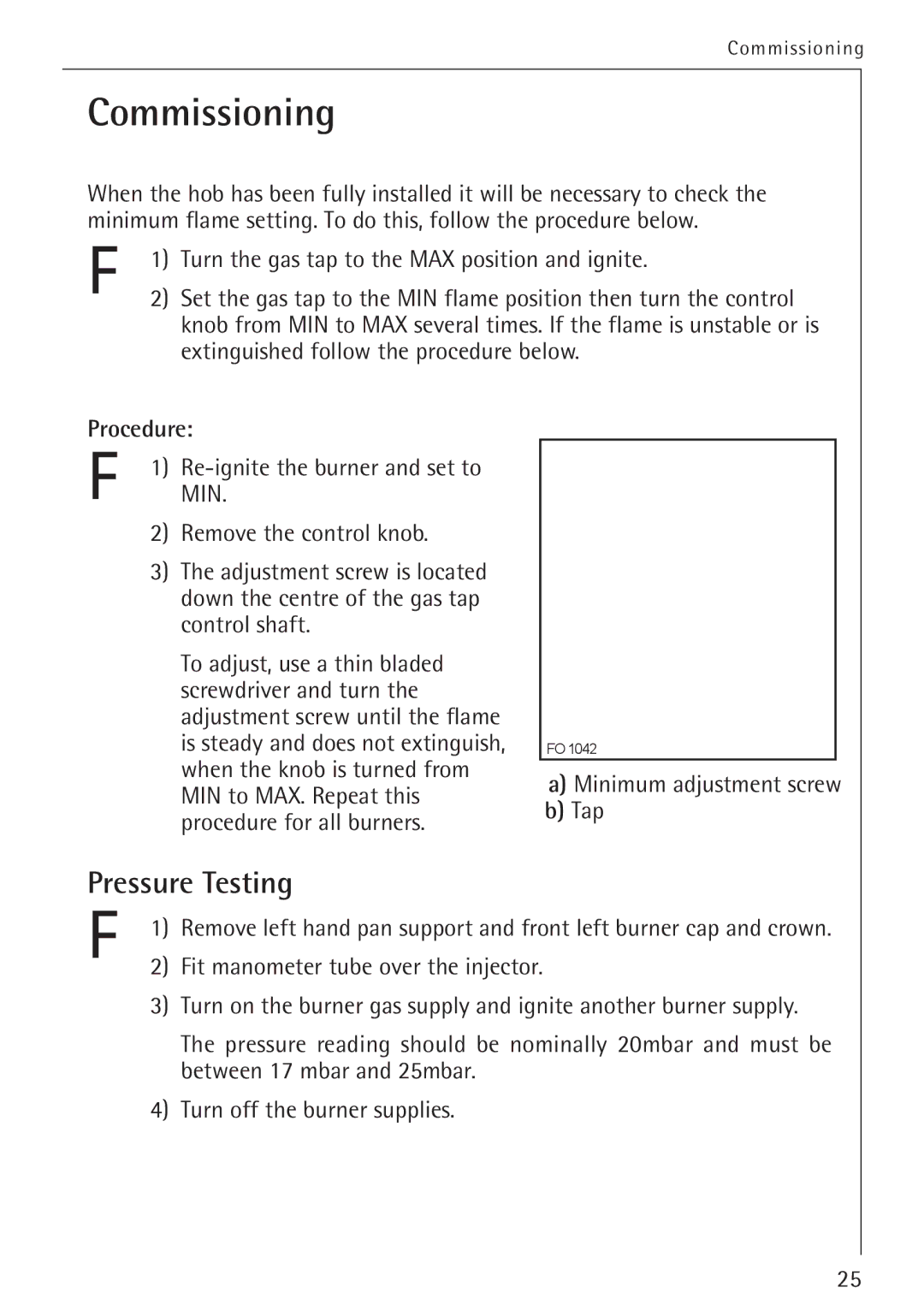 Electrolux 34942G operating instructions Commissioning, Pressure Testing 