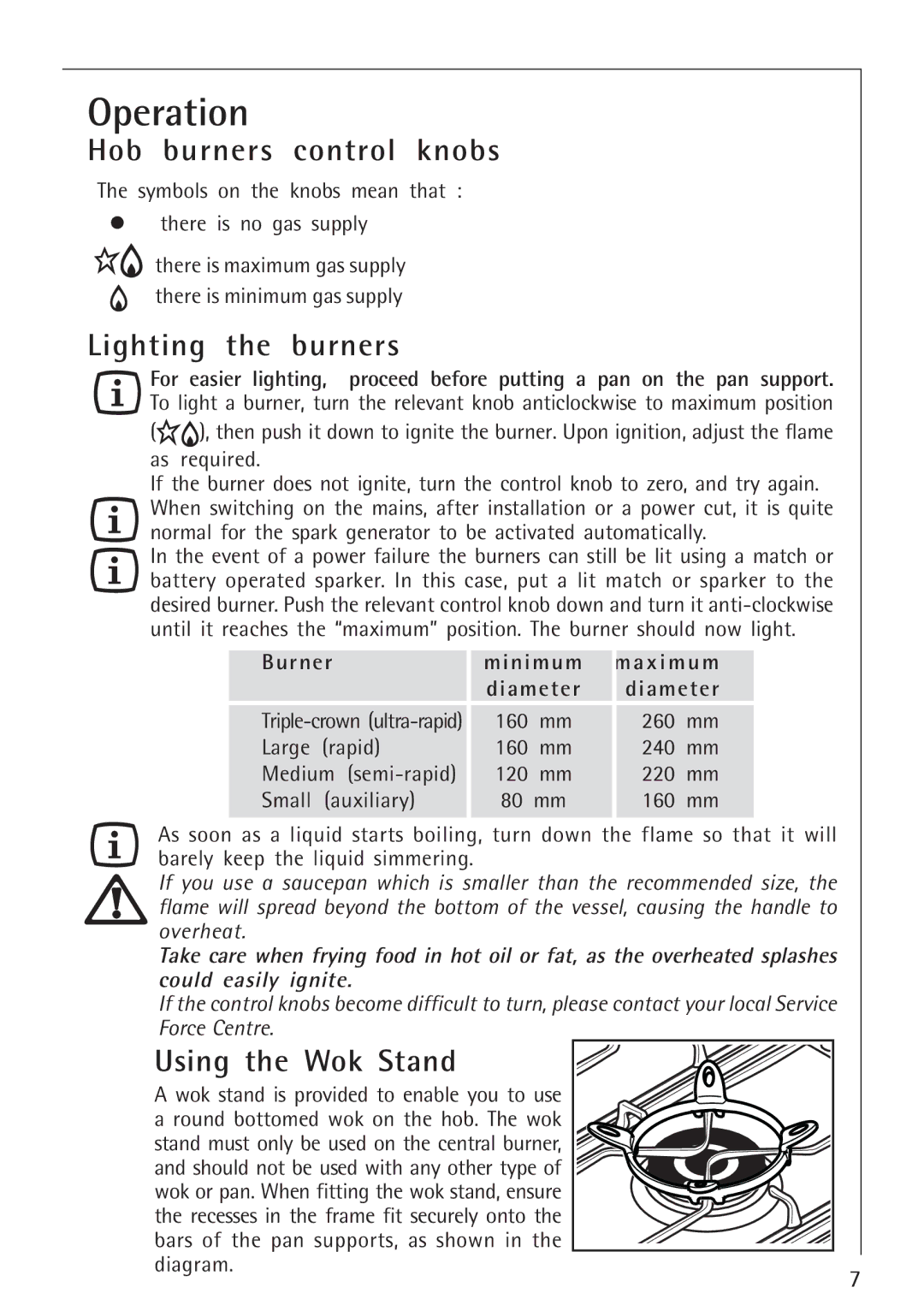 Electrolux 34942G operating instructions Operation, Hob burners control knobs, Lighting the burners, Using the Wok Stand 