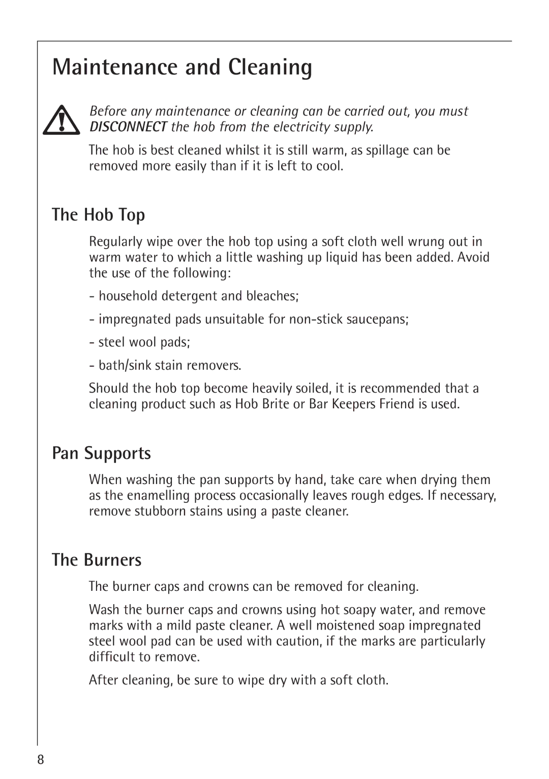 Electrolux 34942G operating instructions Maintenance and Cleaning, Hob Top, Pan Supports, Burners 