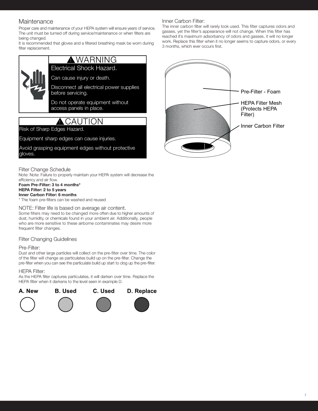 Electrolux 350 owner manual Maintenance, Inner Carbon Filter, Filter Change Schedule, Filter Changing Guidelines Pre-Filter 