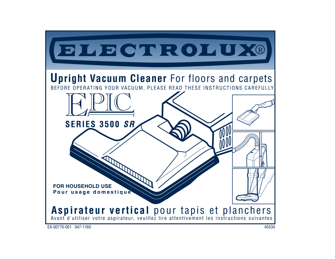 Electrolux 3500 SR Series manual Upright Vacuum Cleaner For floors and carpets, EA-00776-001 45534 