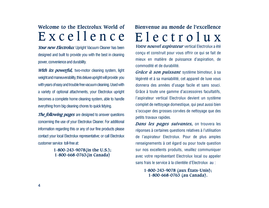 Electrolux 3500 SR Series Welcome to the Electrolux World, Bienvenue au monde de l’excellence, Aux États-Unis Au Canada 