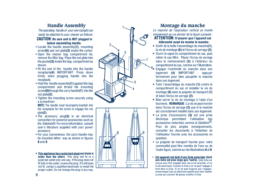 Electrolux 3500 SR Series manual Handle Assembly, Montage du manche 