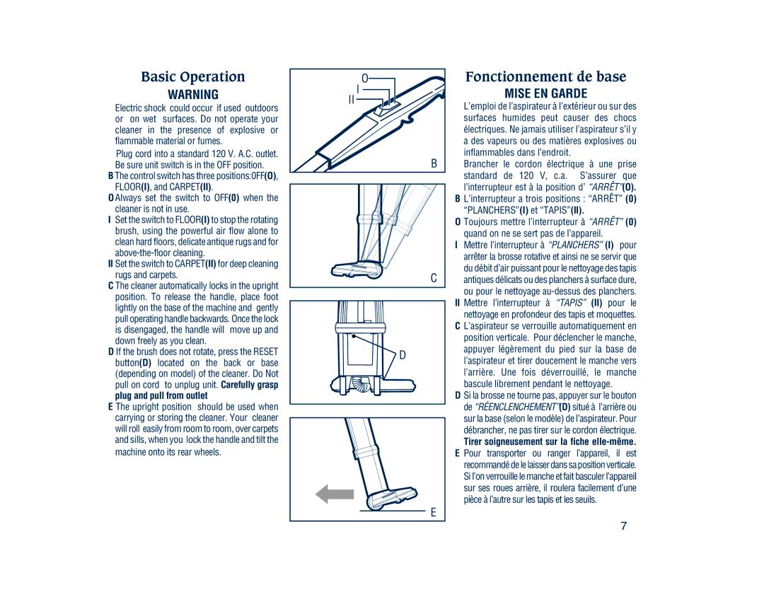 Electrolux 3500 SR Series manual Basic Operation, Fonctionnement de base 