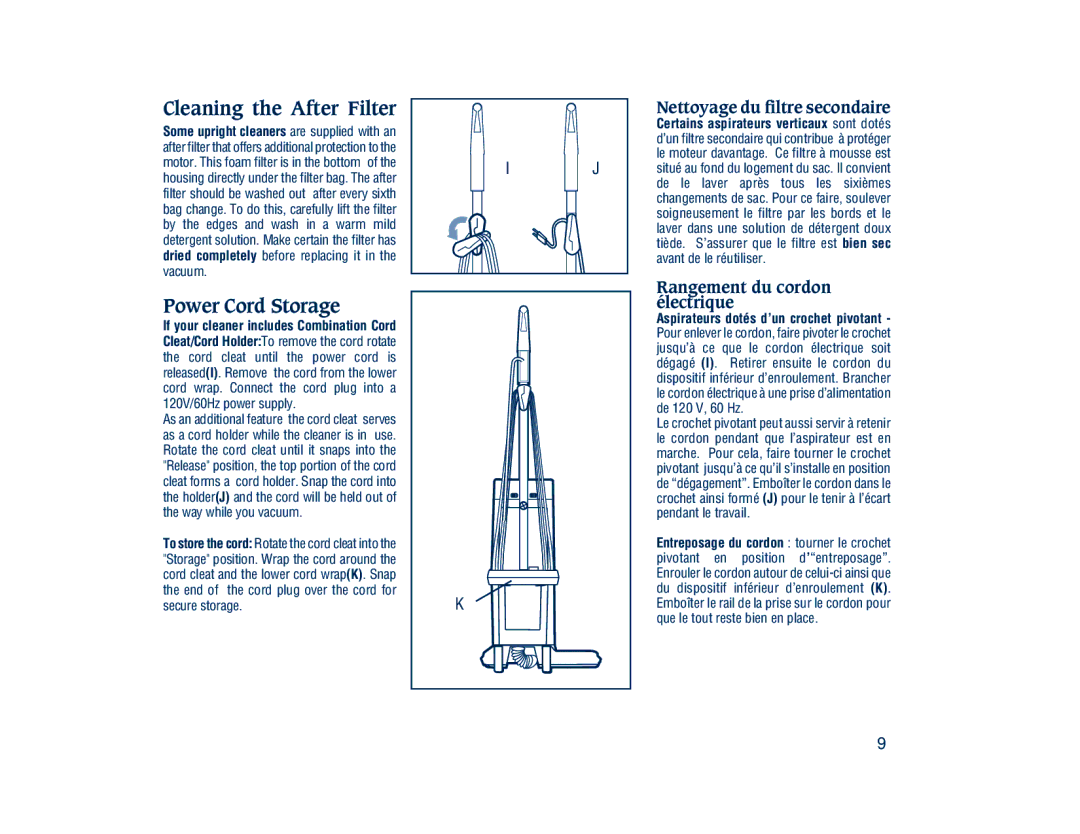 Electrolux 3500 SR Series manual Cleaning the After Filter, Power Cord Storage, Nettoyage du filtre secondaire 