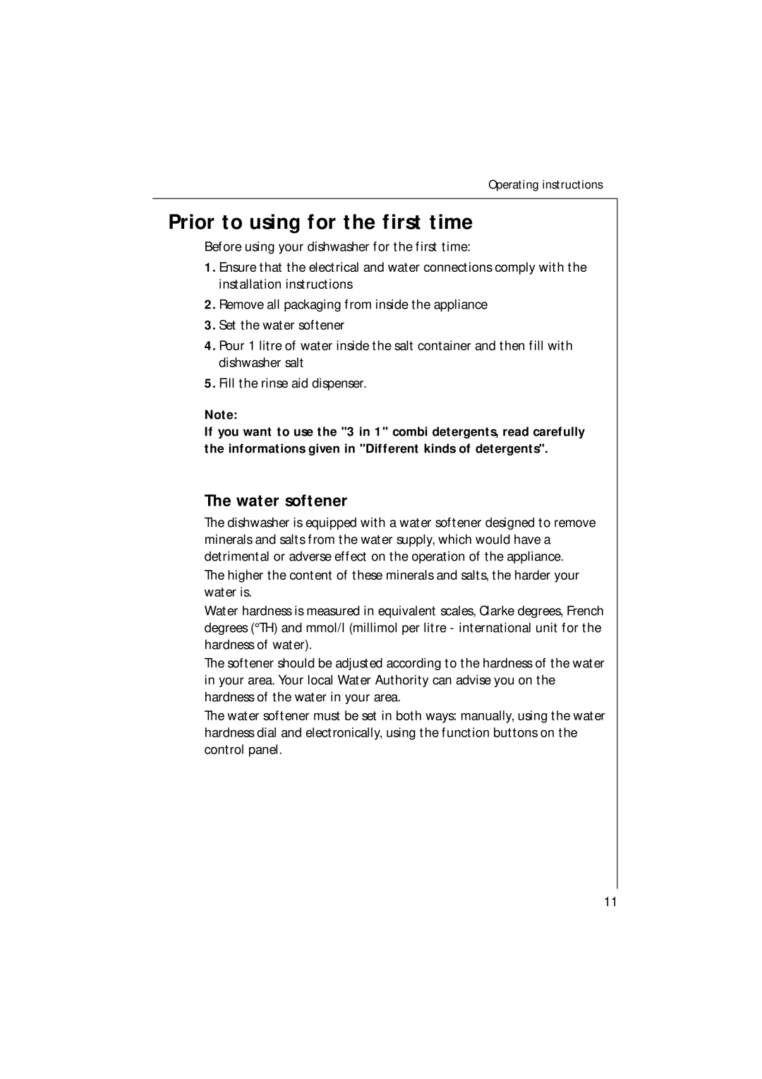 Electrolux 35085 VI manual Prior to using for the first time, Water softener 