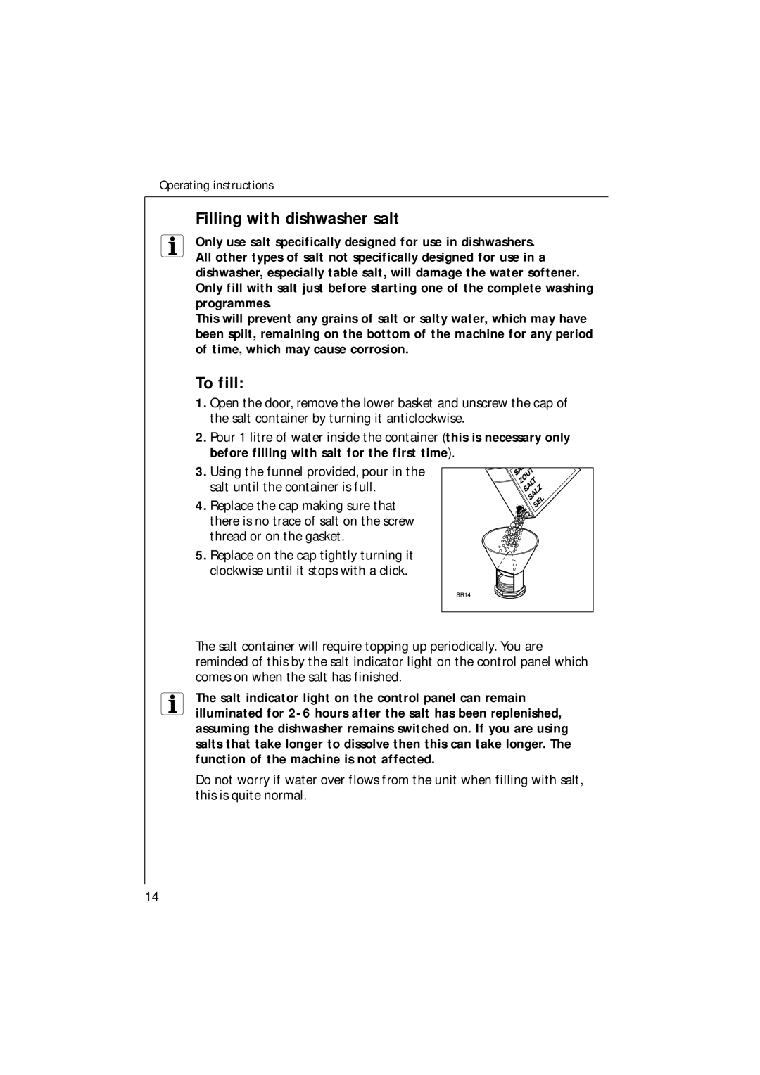 Electrolux 35085 VI manual Filling with dishwasher salt, To fill 