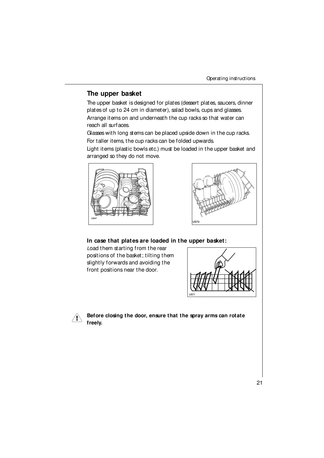 Electrolux 35085 VI manual Upper basket, Case that plates are loaded in the upper basket 