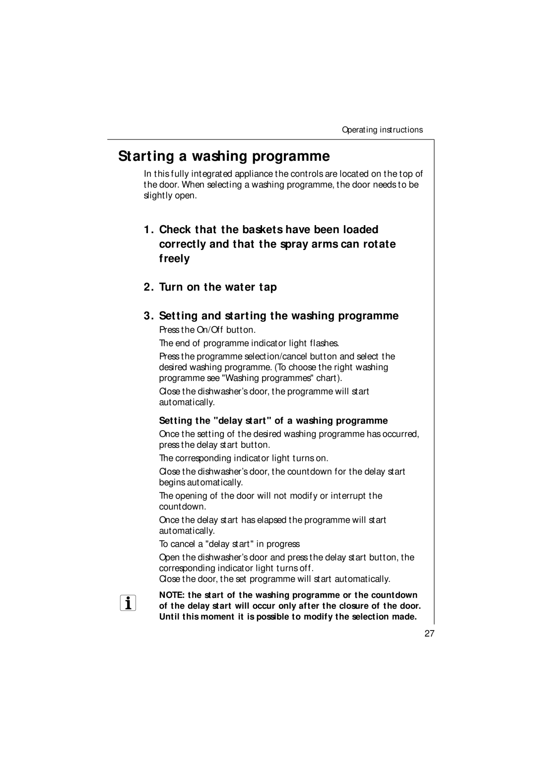 Electrolux 35085 VI manual Starting a washing programme, Setting the delay start of a washing programme 