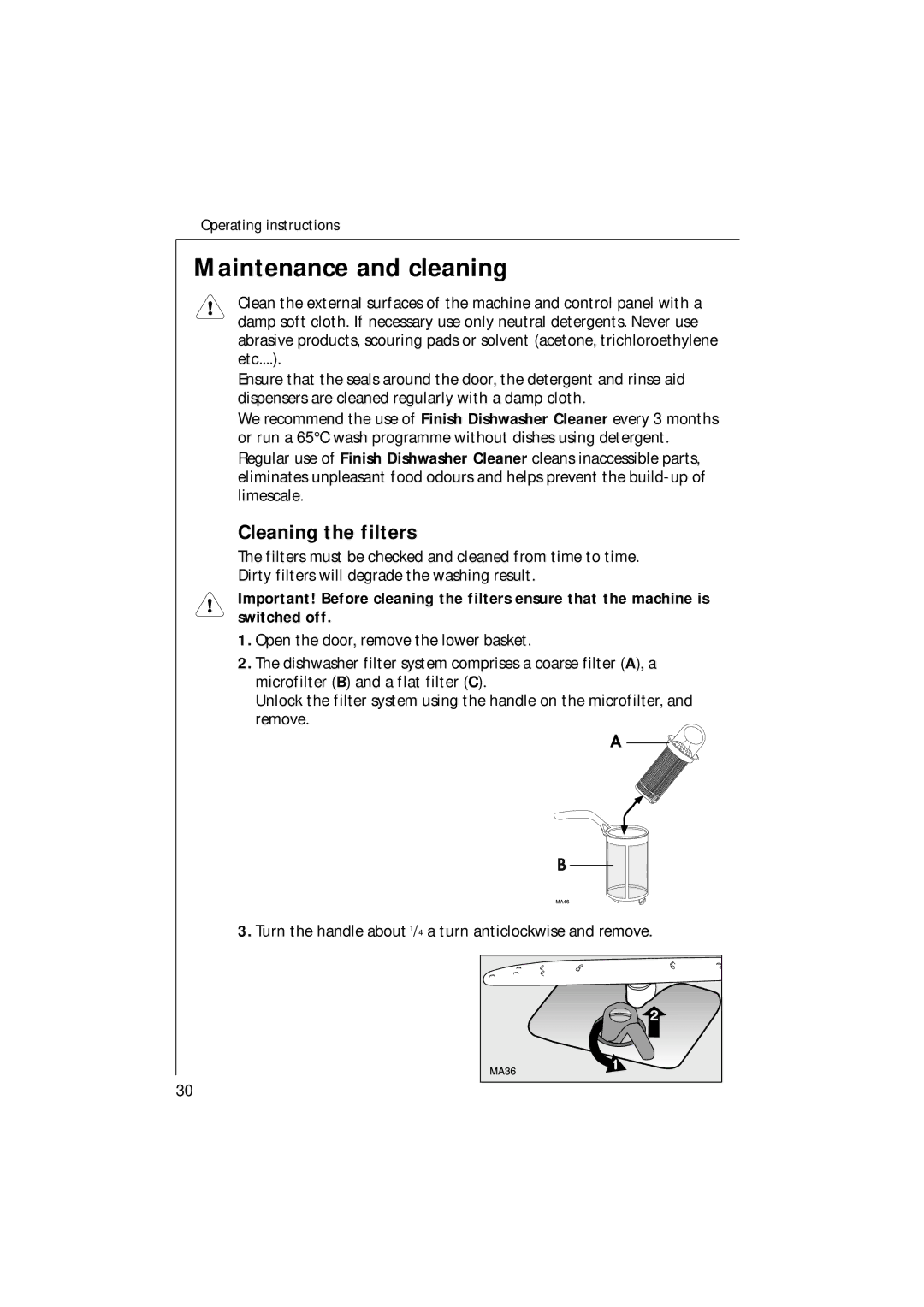 Electrolux 35085 VI manual Maintenance and cleaning, Cleaning the filters 