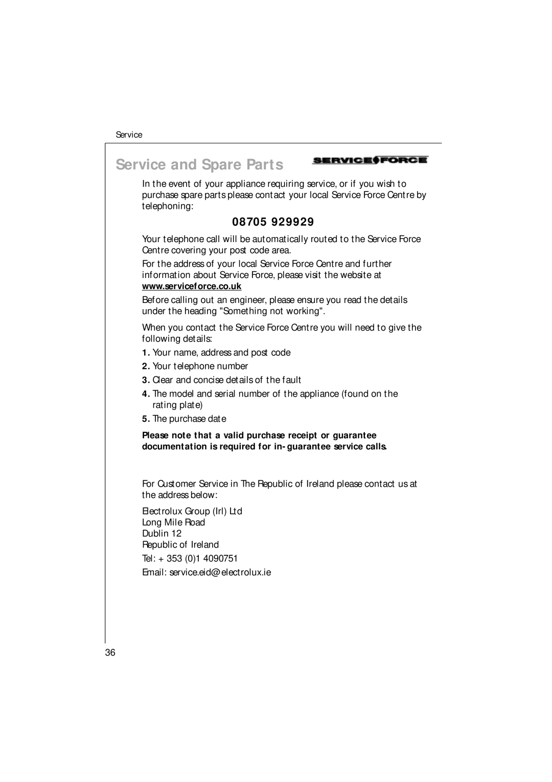 Electrolux 35085 VI manual Service and Spare Parts, 08705 