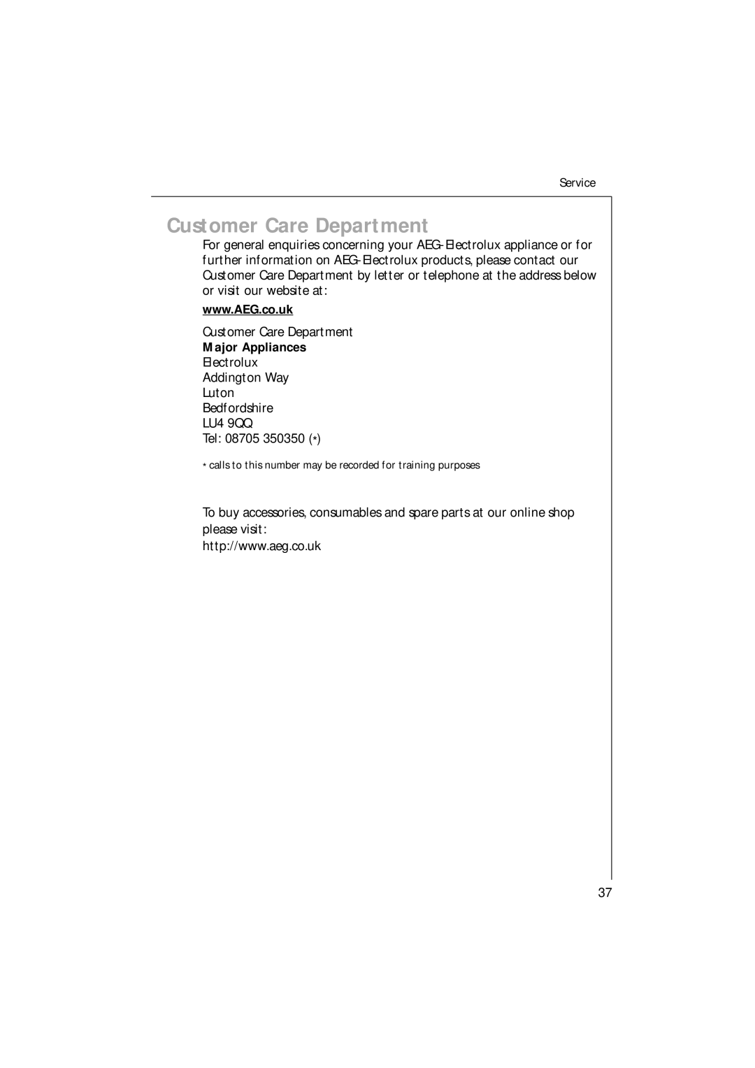 Electrolux 35085 VI manual Customer Care Department, Major Appliances 