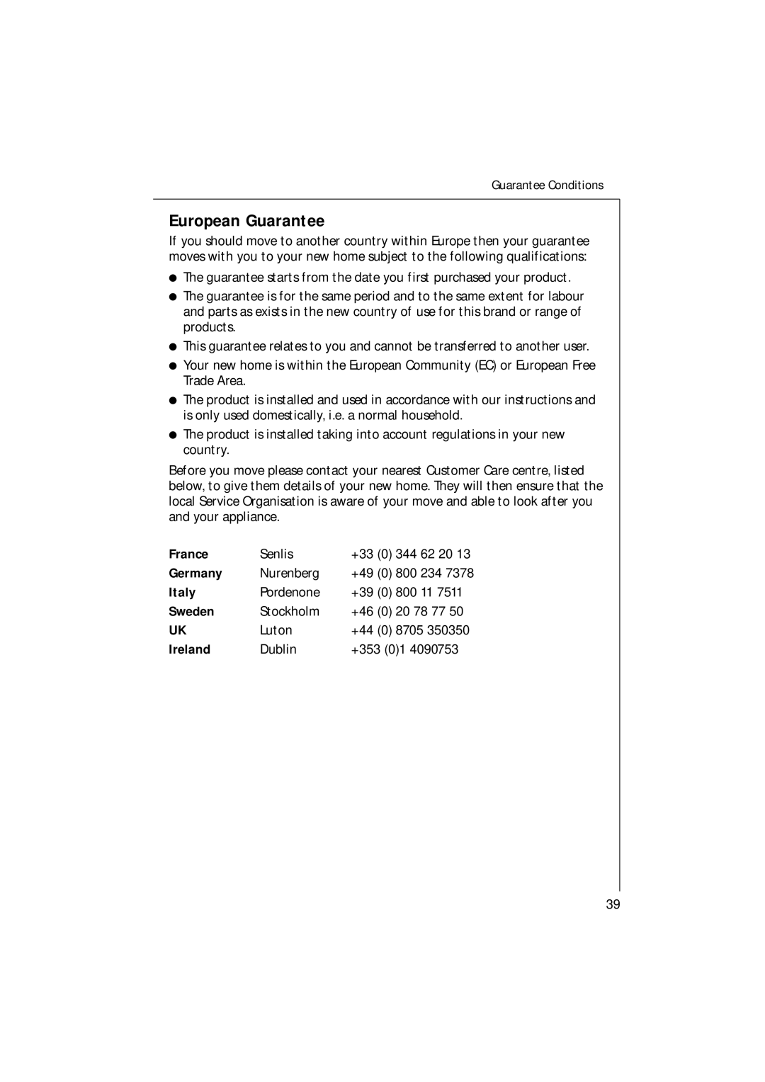 Electrolux 35085 VI manual European Guarantee 