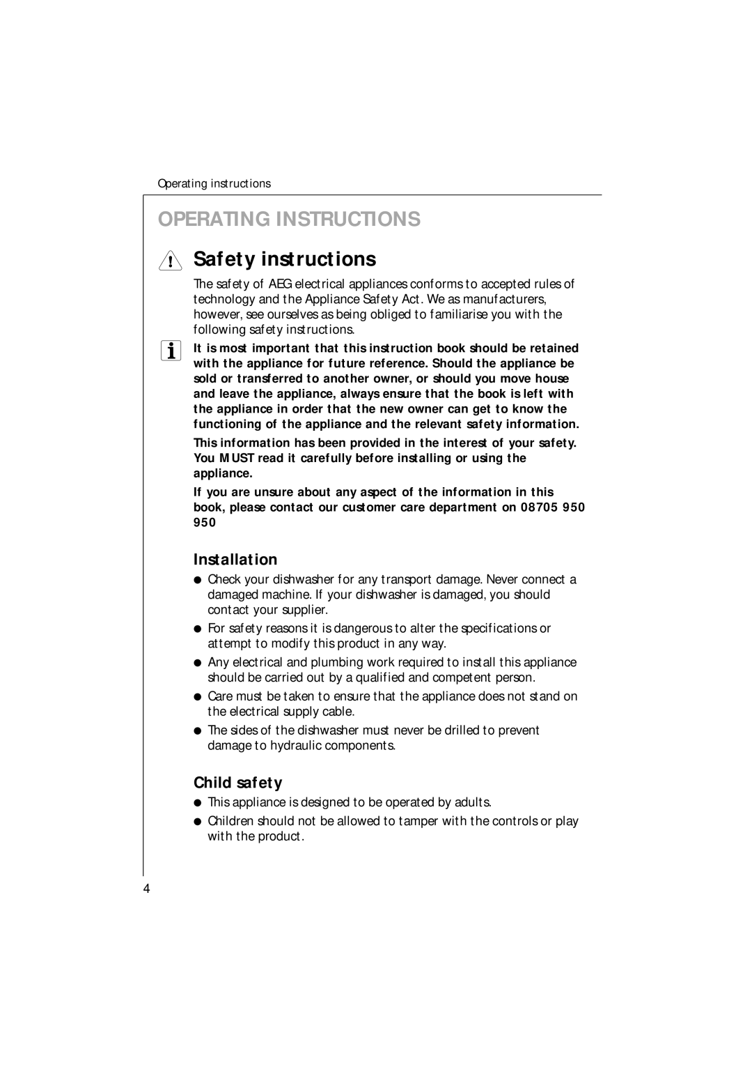 Electrolux 35085 VI manual Safety instructions, Installation, Child safety 