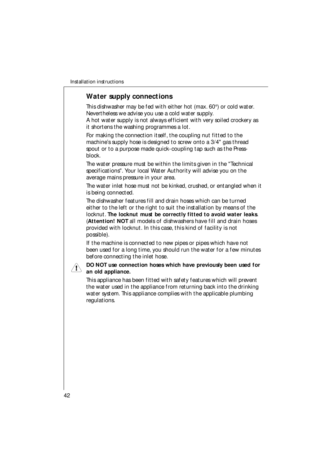 Electrolux 35085 VI manual Water supply connections 