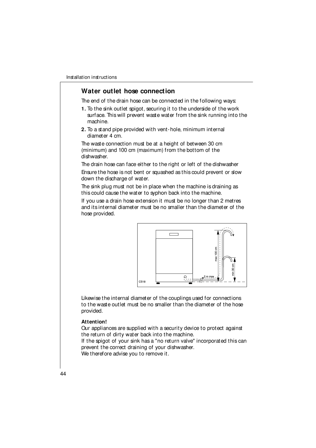 Electrolux 35085 VI manual Water outlet hose connection 