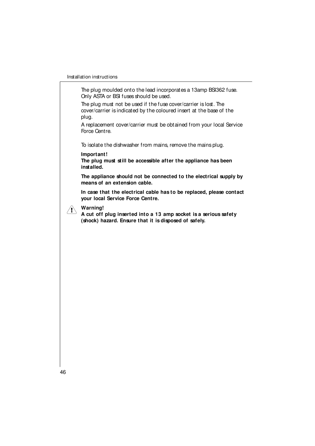 Electrolux 35085 VI manual Installation instructions 