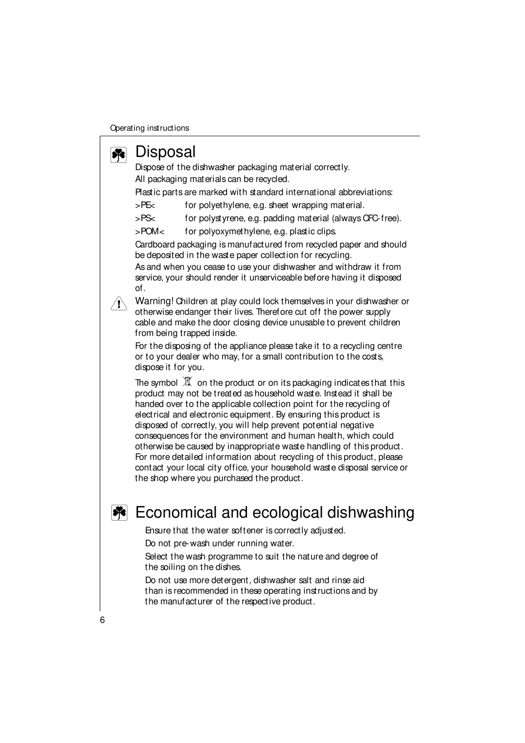 Electrolux 35085 VI manual Disposal, Economical and ecological dishwashing 