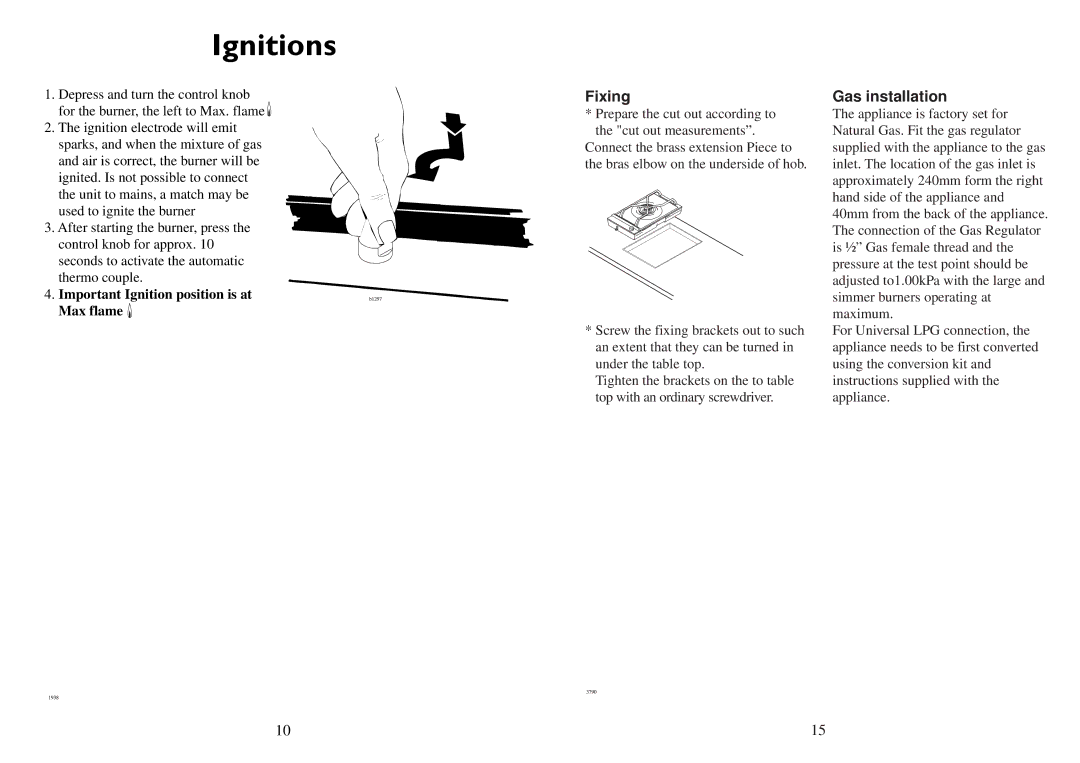 Electrolux 3531 WK-M manual Ignitions, Gas installation 