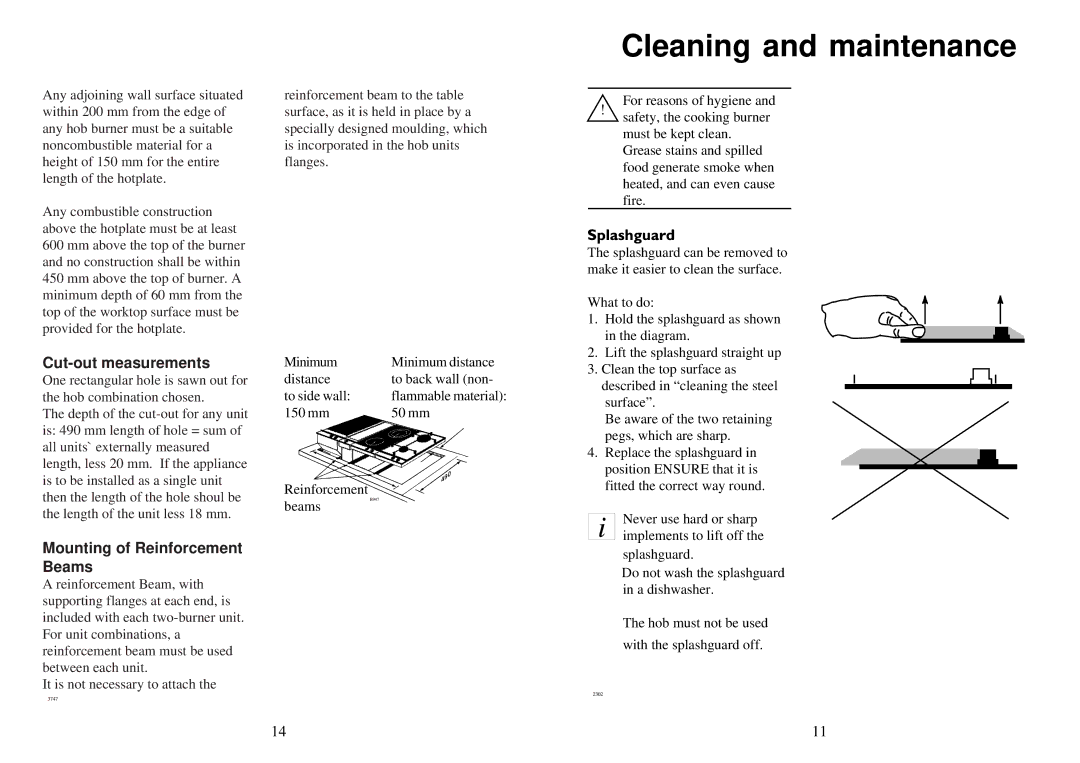 Electrolux 3531 WK-M manual Cut-out measurements, Mounting of Reinforcement Beams 