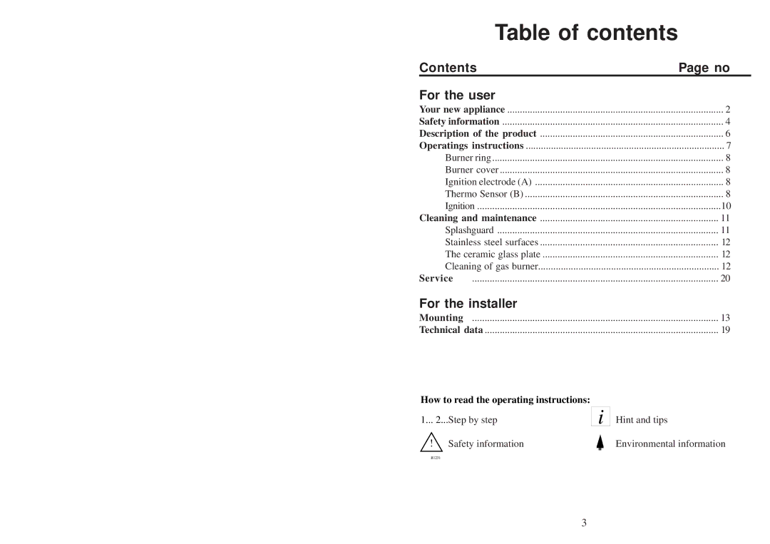 Electrolux 3531 WK-M manual Table of contents 