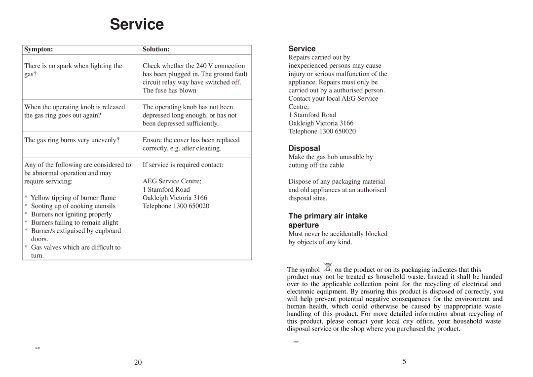 Electrolux 3531 WK-M manual Service, Disposal, Primary air intake aperture 