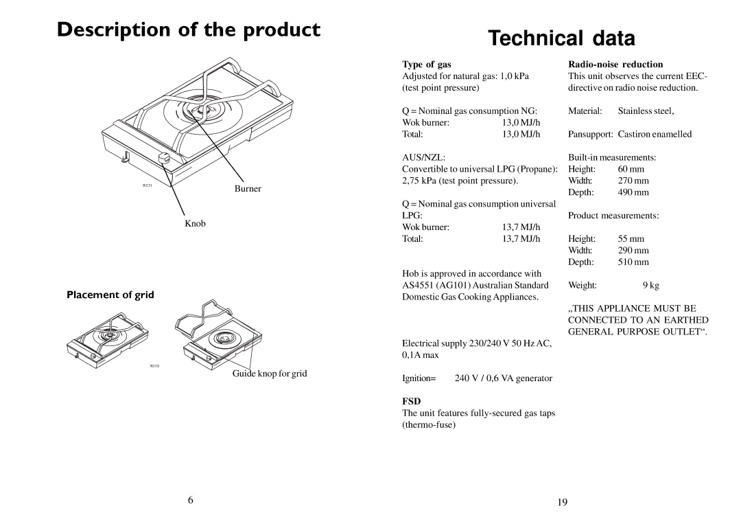 Electrolux 3531 WK-M manual Description of the product Technical data 