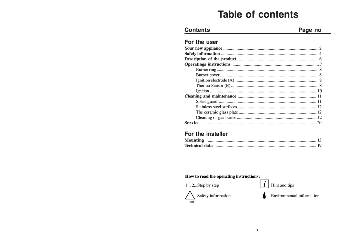 Electrolux 3531 WK-M Table of contents, How to read the operating instructions, Contents, For the user, For the installer 