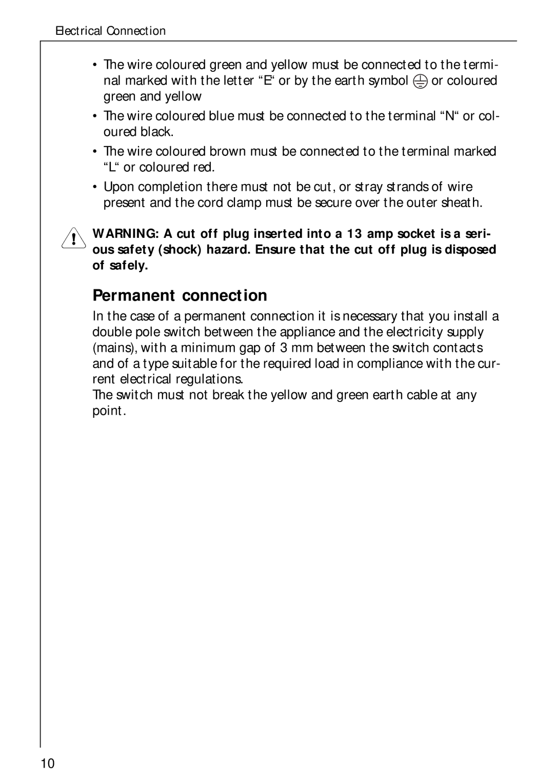 Electrolux 35600 installation instructions Permanent connection 