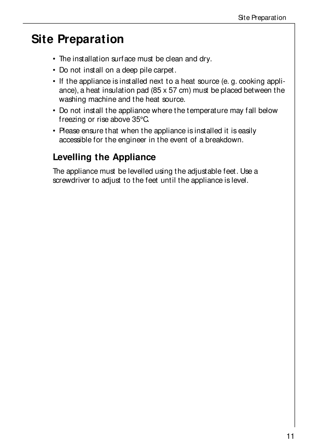 Electrolux 35600 installation instructions Site Preparation, Levelling the Appliance 