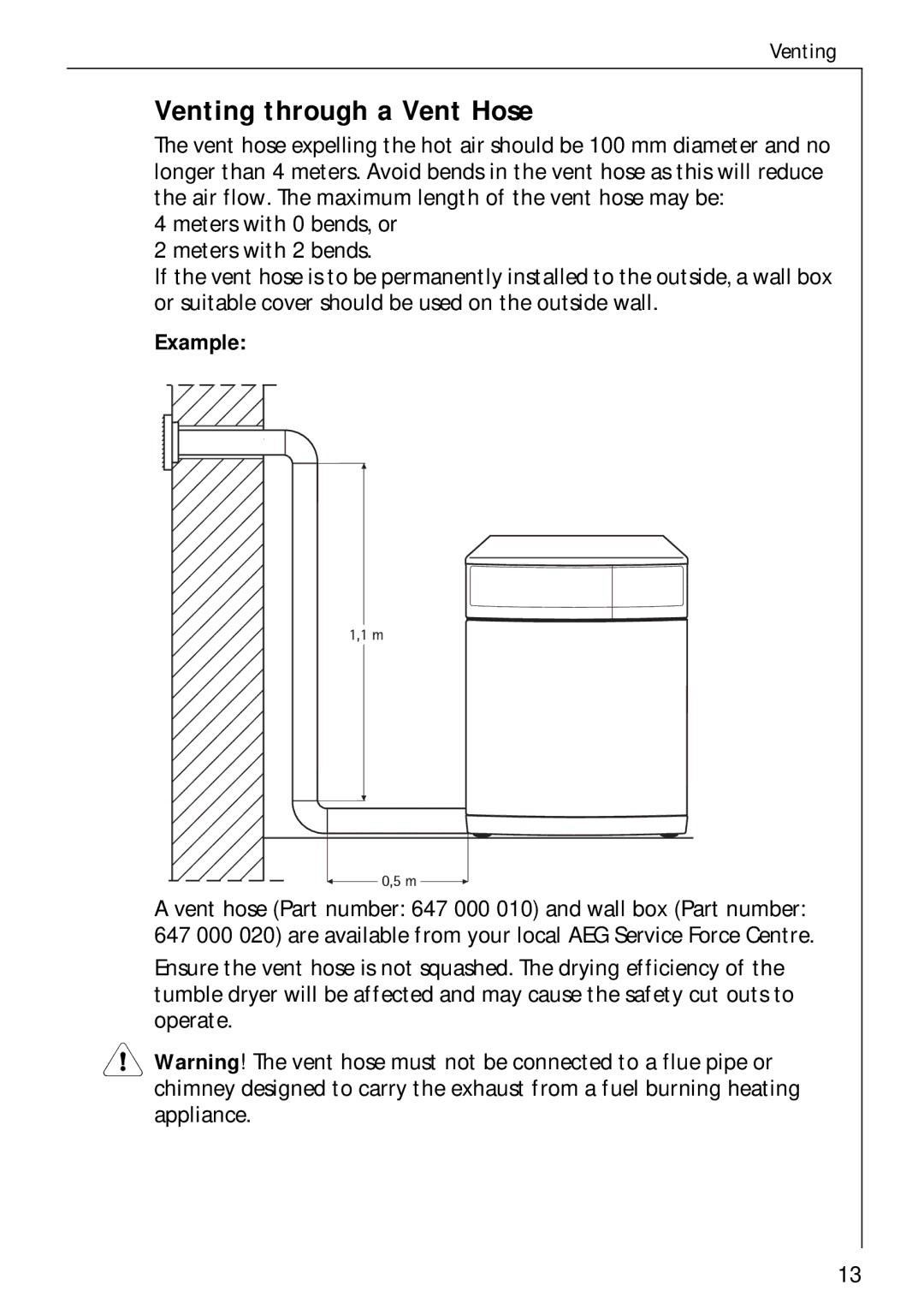 Electrolux 35600 installation instructions Venting through a Vent Hose, Example 