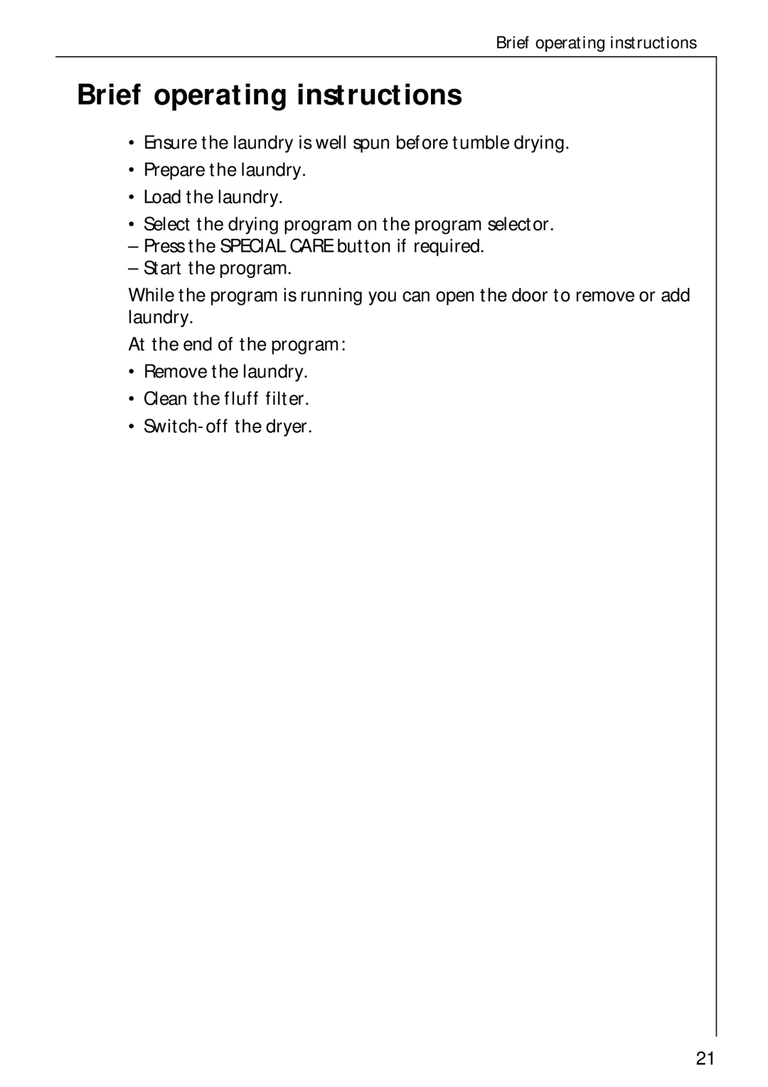 Electrolux 35600 installation instructions Brief operating instructions 