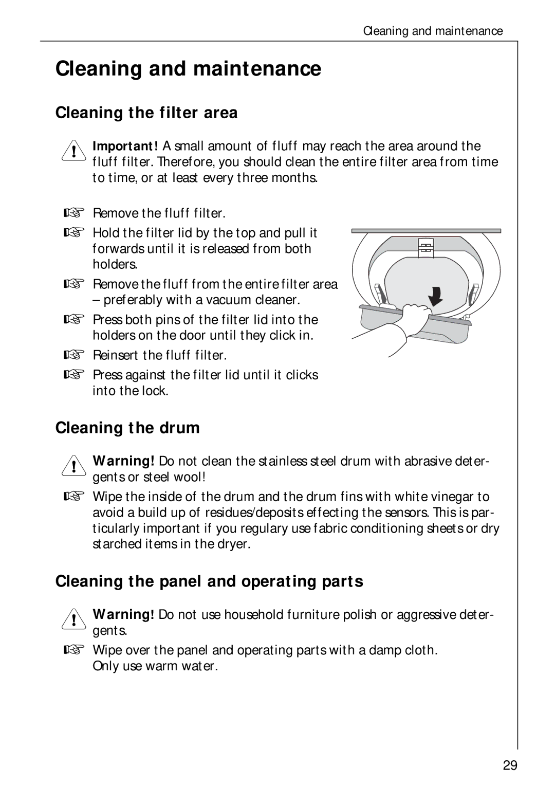 Electrolux 35600 installation instructions Cleaning and maintenance, Cleaning the filter area, Cleaning the drum 