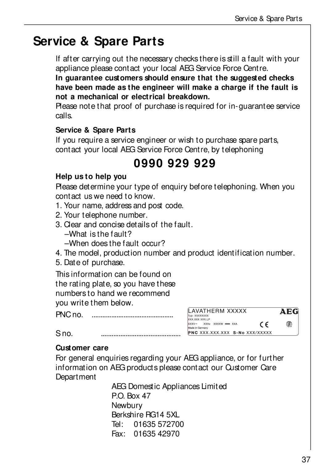 Electrolux 35600 installation instructions Service & Spare Parts 