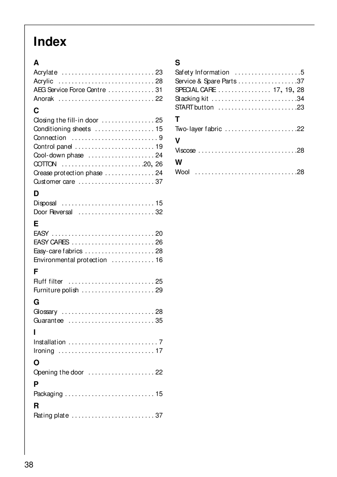 Electrolux 35600 installation instructions Index, Anorak 